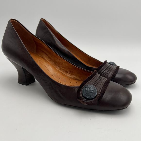 Naya Daria Button Pump Womens 8 Brown Leather Stacked Wood Heels Slip On Shoe - Picture 1 of 9